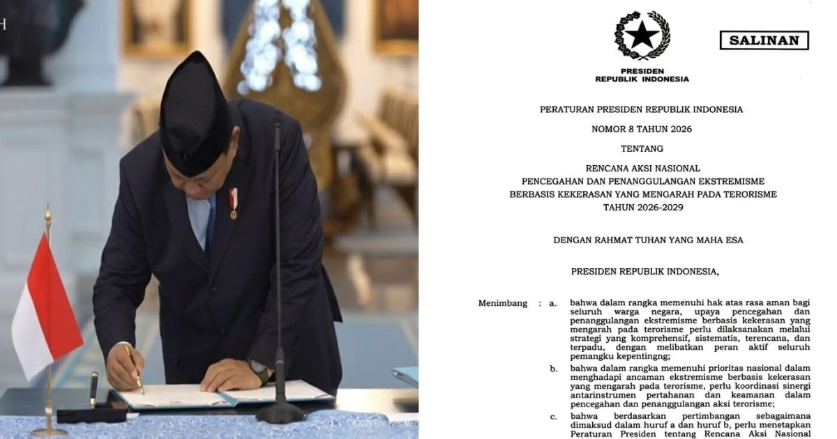 Presiden Prabowo Subianto resmi menerbitkan Peraturan Presiden (Perpres) Nomor 8 Tahun 2026 tentang Rencana Aksi Nasional Pencegahan dan Penanggulangan Ekstremisme Berbasis Kekerasan (RAN PE) periode 2026–2029./tangkap layar JDIH