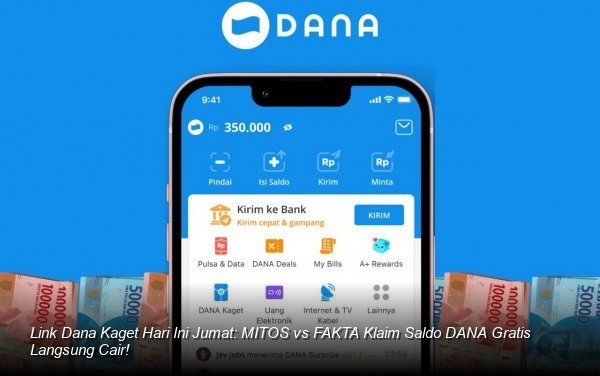 Ilustrasi tangan memegang smartphone dengan notifikasi amplop digital merah khas aplikasi DANA muncul di layar.