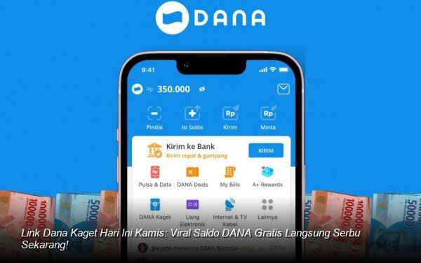 Ilustrasi tangan memegang smartphone yang menampilkan aplikasi DANA dengan ikon amplop merah Dana Kaget yang siap dibuka.