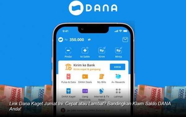 Ilustrasi tangan memegang smartphone dengan notifikasi amplop digital berwarna merah dari aplikasi DANA muncul di layar.