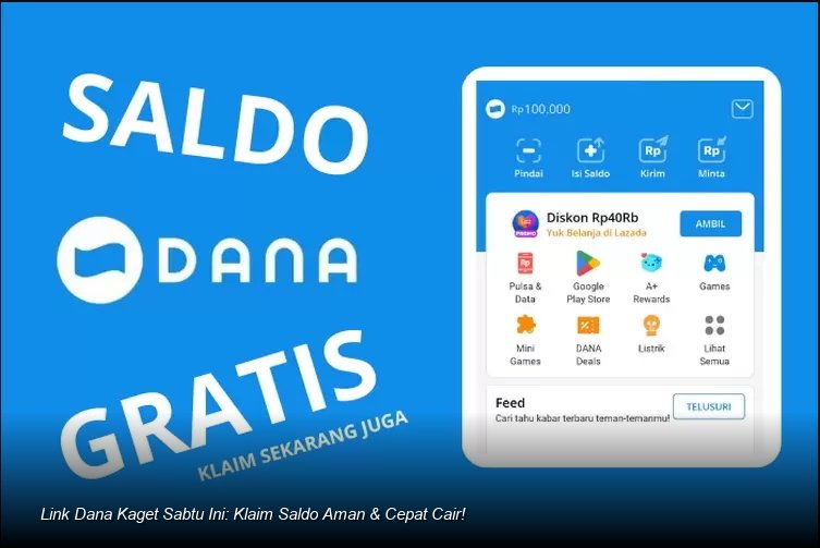 Ilustrasi tangan memegang smartphone dengan notifikasi saldo DANA masuk dari amplop digital berwarna merah.