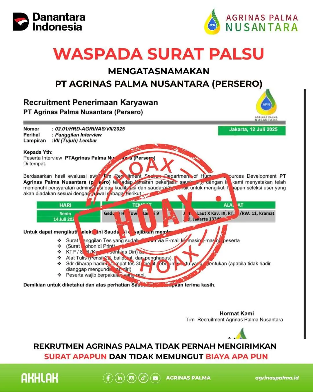Waspada Wawancara Kerja: Penipuan Mengatasnamakan PT Agrinas Palma Nusantara