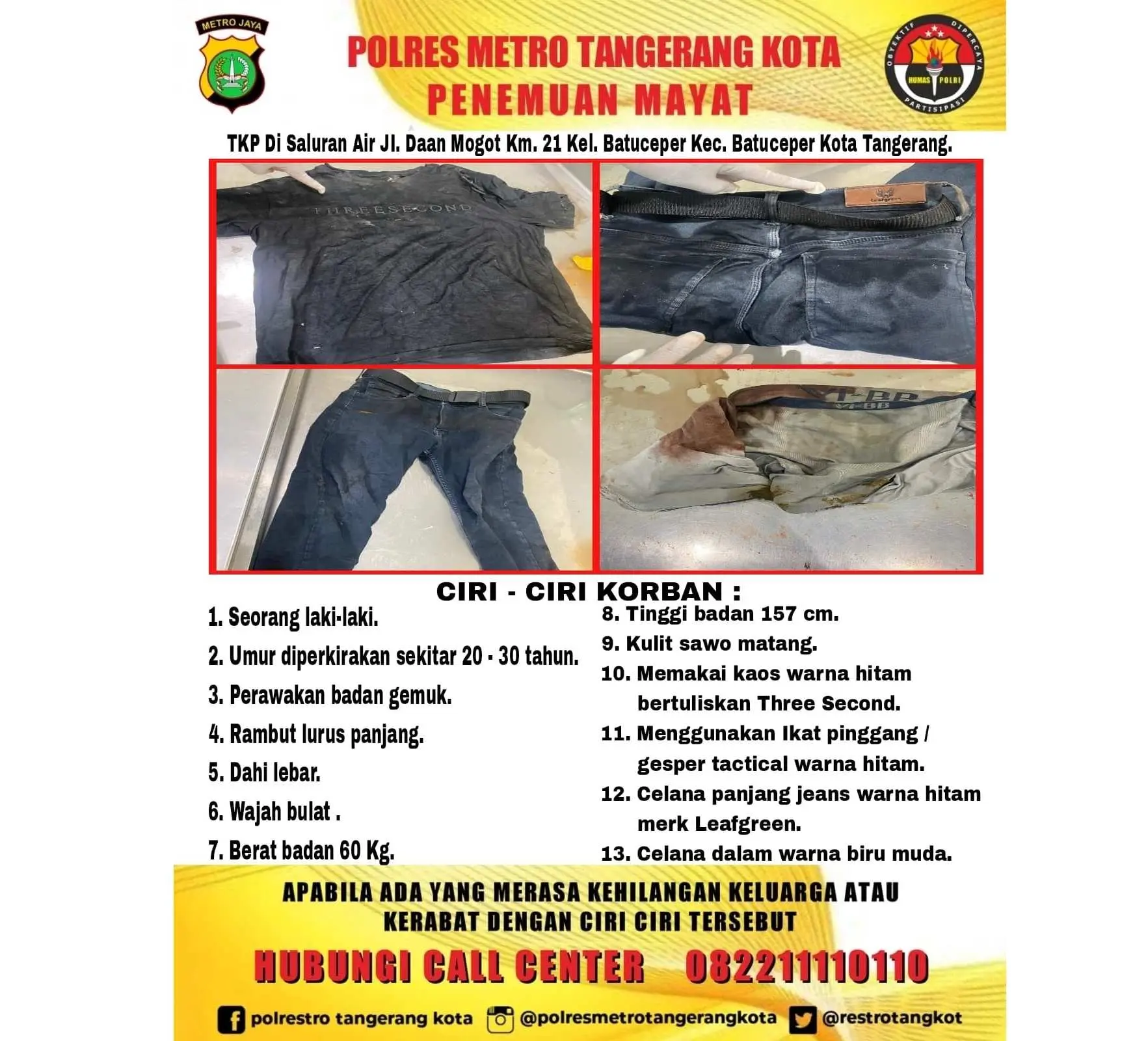 Polisi Ajak Masyarakat Bantu siapa Jasad Pria Dalam Karung? yang Ditemukan di Jalan Daan Mogot Tangerang