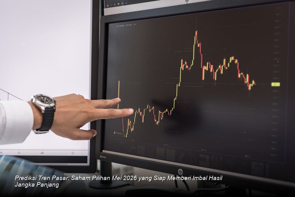 Visualisasi grafik candlestick saham berwarna hijau cerah yang menunjukkan tren kenaikan jangka panjang di layar monitor bursa saham modern.