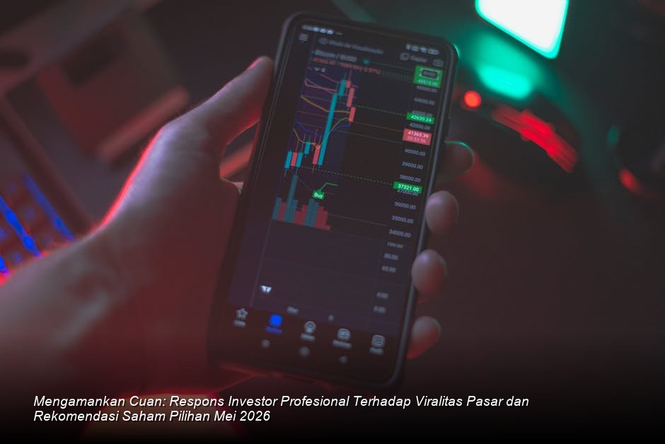 Suasana modern di lantai bursa saham dengan grafik *candle-stick* berwarna hijau yang menunjukkan tren kenaikan yang stabil.