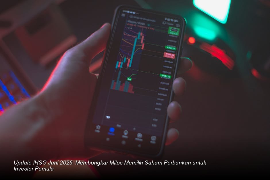 Suasana modern ruang *trading* bursa saham dengan visualisasi grafik *candlestick* berwarna hijau yang menunjukkan tren kenaikan harga yang stabil.