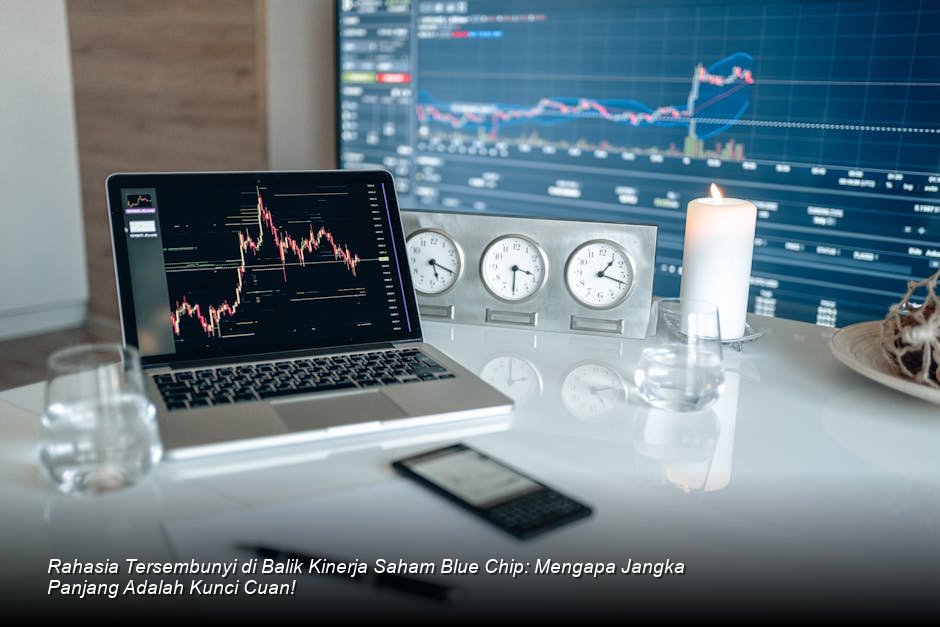 Grafik *candle-stick* berwarna hijau yang menunjukkan tren kenaikan kuat pada saham *blue chip* di atas latar belakang data digital bursa saham yang modern.