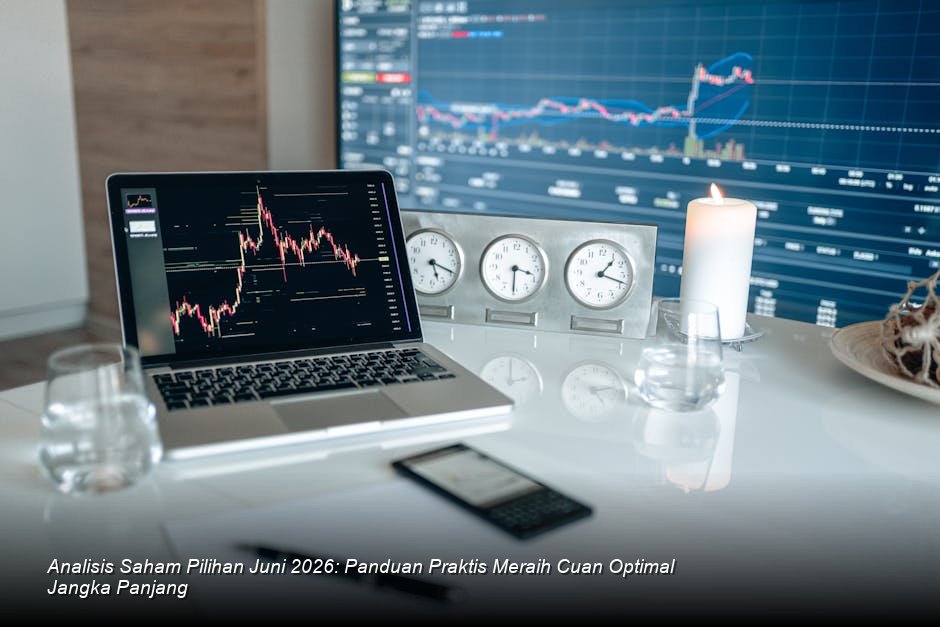 Grafik *candlestick* saham berwarna hijau cerah yang menunjukkan tren kenaikan stabil di tengah latar belakang ruang *trading* yang modern dan futuristik.